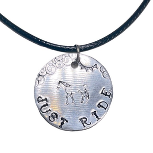 Handmade stamped‎ horses Silver pendant adjustable Black leather cord necklace